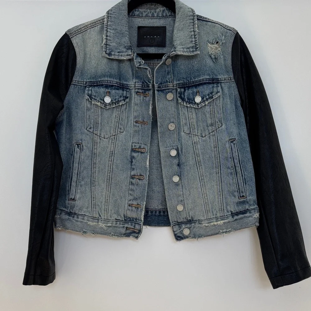 Blank NYC Distressed Jean Jacket w/ Faux Leather Sleeves